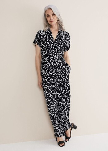 Phase Eight Paige Abstract Print Wide Leg Jumpsuit Navy/White USA | 1472350-PU